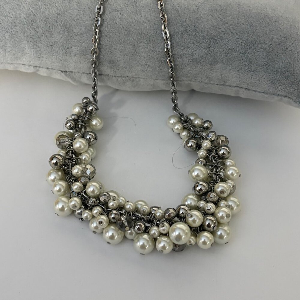 Loft Cluster Faux Pearl Silver Tone and Clear Faceted Beads Statement Necklace